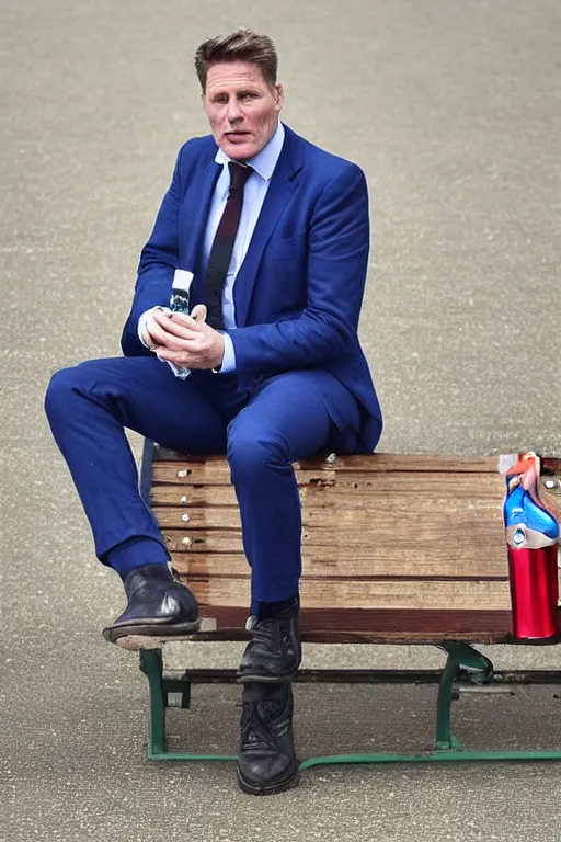 Image similar to Sir Kier Starmer in a blue suit wearing a flat cap on his head sitting on a bench alone holding a large plastic green bottle of cider, at his feet are empty cans and bottles