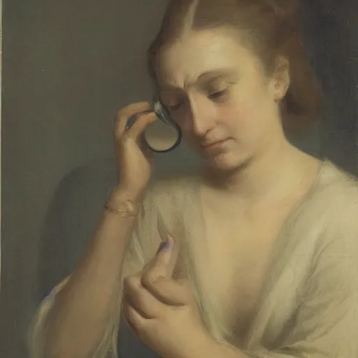 Prompt: Portrait of a woman staring blankly at the viewer while tears stream down her cheeks and she holds a mirror in her hand.