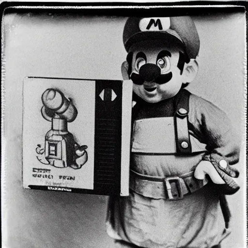 Image similar to Nintendo's Mario dressed as a plumber at the Ellis Island immigration office happily acquiring his citizenship, daguerreotype portrait