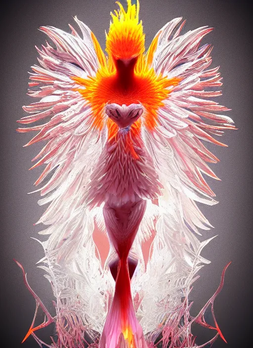 Image similar to white phoenix orange pink salt crystals sharp detail 3d render simple background sharp contrast feathers graphic design fai khadra gaika style