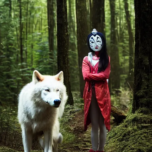 Image similar to Highly realistic photo of Princess Mononoke as a real person ((asian woman with red facepaint)) determined expression, standing next to a giant white wolf, in a forest, 85mm lens, f1.8, highly detailed