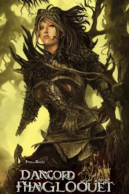 Image similar to dramatic dark forest scenery, girl with fangs in hide leather armor, D&D book-cover
