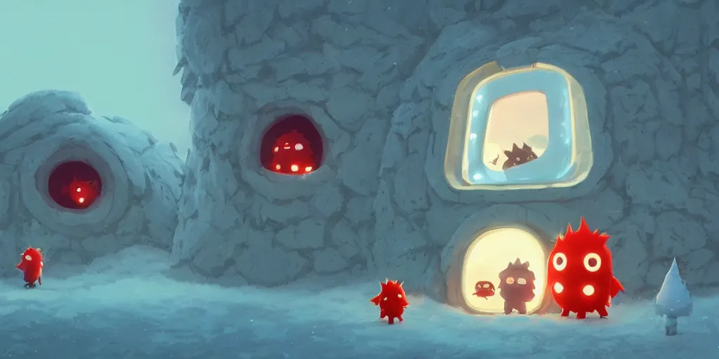 Image similar to cute anime monsters in front of an igloo by Goro Fujita and Simon Stalenhag , 8k, trending on artstation, hyper detailed, cinematic