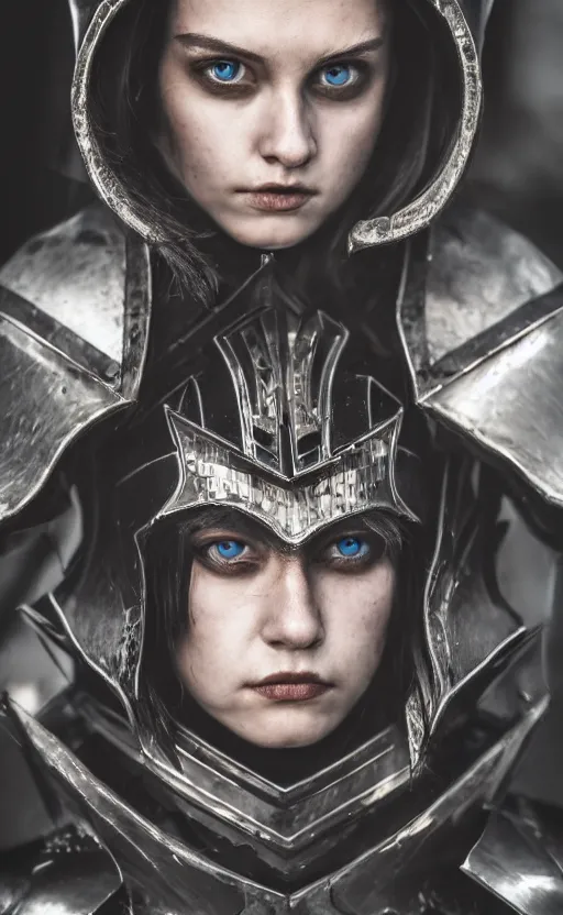 Prompt: symmetrical portrait photograph of a beautiful young woman wearing black armor, angry eyes, no helmet, cinematic, 200mm prime lens