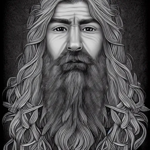 Prompt: bearded male druid gray face pointy ears with vines as hair detailed ultra realistic drawing