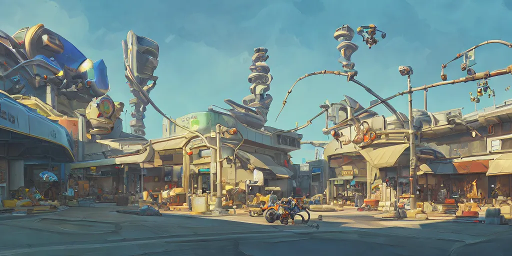 Image similar to overwatch building, stylized, exterior, architecture, in watercolor gouache detailed paintings, insanely detail, artstation, 8 k, futuristic, big medium small, arcane, simon stalenhag, food stall, interesting shapes & form, golden ratio, megastructures, vitaly bulgarov, mall, junkyard