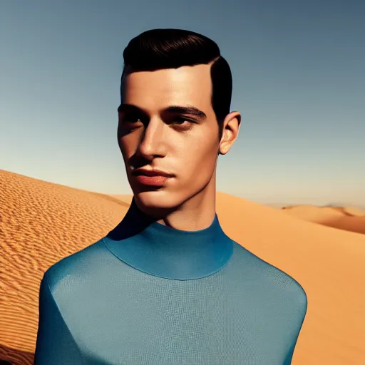 Prompt: man in blue, avant-garde art, deco fashion, highly detailed, photorealistic upper body portrait, serene desert setting, bright sun light, crisp quality and light reflections, unreal engine 5 quality render