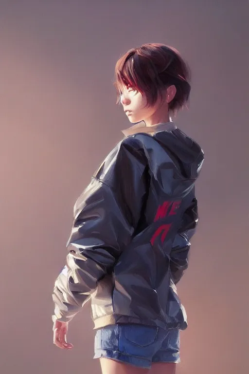 Image similar to A ultradetailed beautiful panting of a stylish girl wearing an oversized Nike jacket, Oil painting, by Ilya Kuvshinov, Greg Rutkowski and Makoto Shinkai