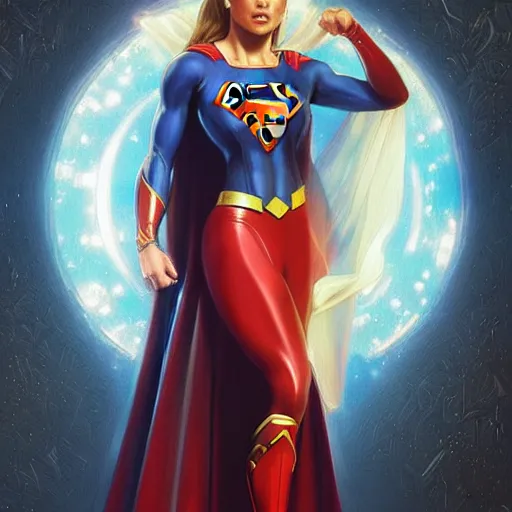 Image similar to full figure ultra realistic illustration, jennifer lopez as supergirl, intricate, elegant, highly detailed, digital painting, artstation, concept art, smooth, sharp focus, illustration, art by artgerm and greg rutkowski and alphonse mucha