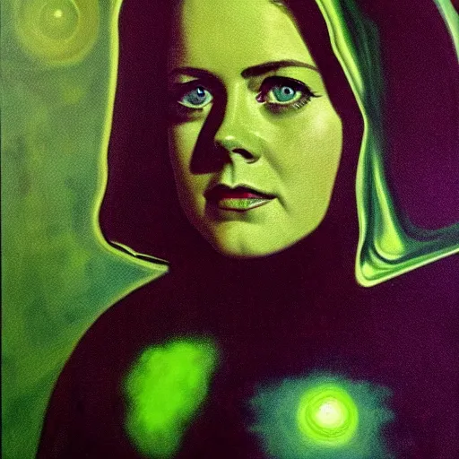 Image similar to ultra realistic portrait painting of amy adams in a hazmat suit surrounded by glowing green radiation, art by frank frazetta, vintage levi ’ s ad, stormy weather, dark vibes, 4 k, ultra realistic, highly detailed, epic lighting