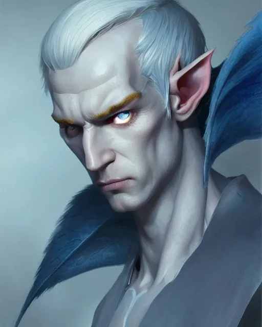 Prompt: character portrait of a slender half elf man with white hair, piercing blue eyes, and pale bluish skin, by greg rutkowski, mark brookes, jim burns, tom bagshaw, trending on artstation