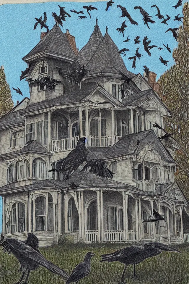 Prompt: Victorian villa with crooked chimney is surrounded by crows, Colored pencil drawing