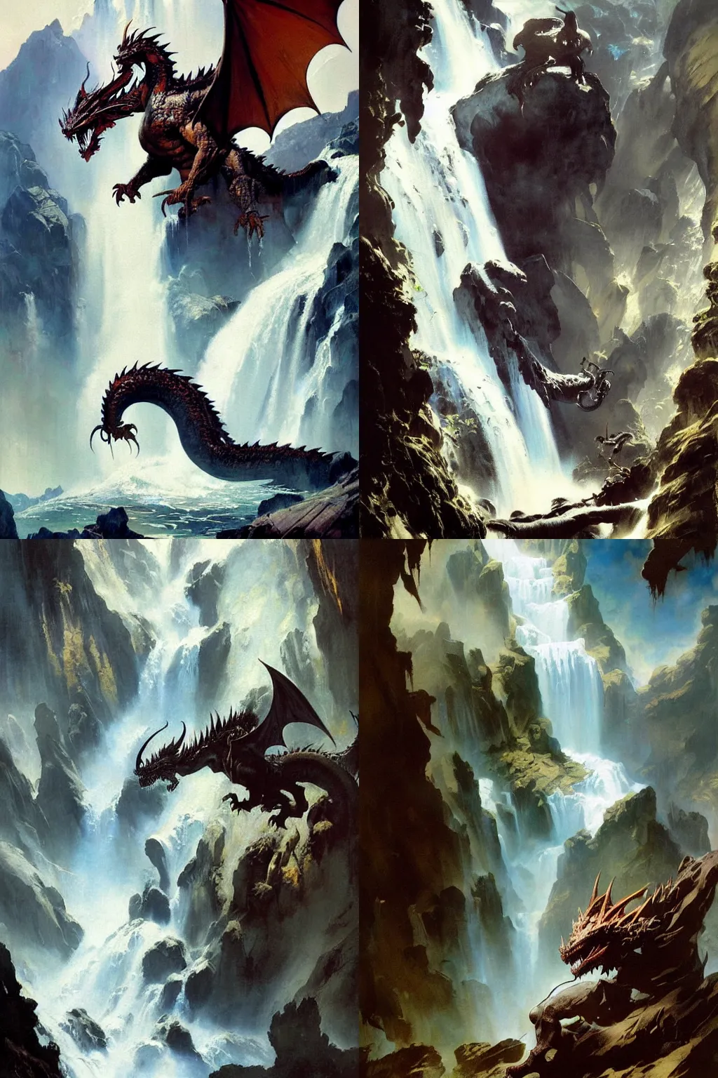 Prompt: a stunning painting of a dragon coming out of a waterfall, by Frank Frazetta and Greg Rutkowski, high quality, masterpiece