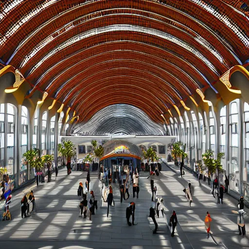 Image similar to elaborate and beautiful train station hall filled with travelers, designed by zaha hadid, bold colored walls, tall ceilings, large windows, lots of bold colors, unique architecture, sunbeams unreal engine 5 render, keyshot render, octane render, ultra high detail, ultra realistic, 8k