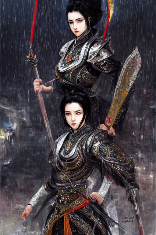 Image similar to portrait black hair young knights of Dynasty Warriors girl, matt white color reflected armor, in ruin chinese temple rooftop heavily rain sunrise, ssci-fi and fantasy, intricate and very beautiful and elegant, highly detailed, digital painting, soft light, artstation, concept art, smooth and sharp focus, illustration, art by tian zi and WLOP and alphonse mucha