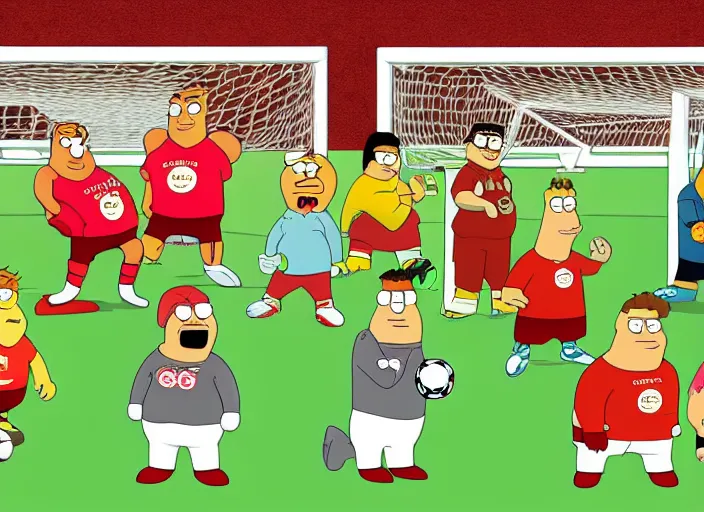 Image similar to a soccer team but every player is peter griffen in the style of family guy