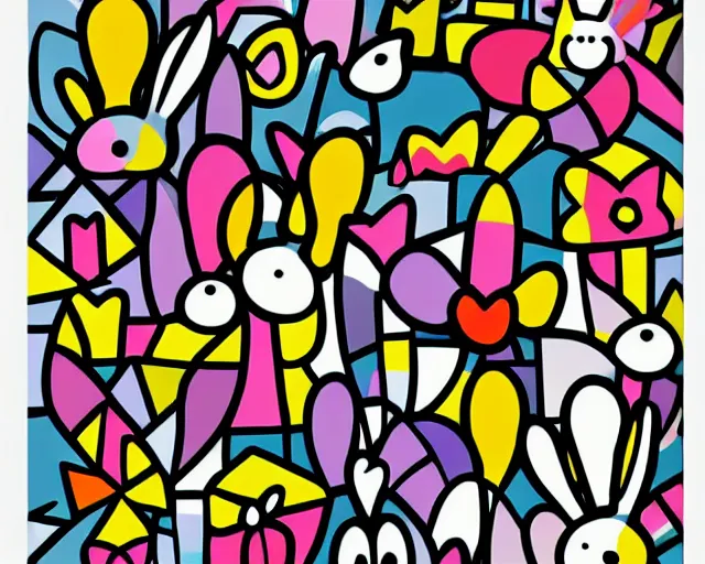 Image similar to a very cute netherland dwarf black bunny, art by romero britto