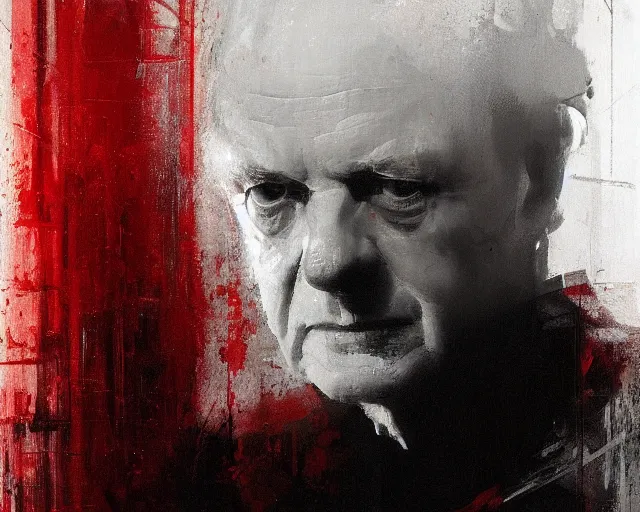 Image similar to portrait of palpatine ian mcdiarmid in shades of grey but with red by jeremy mann