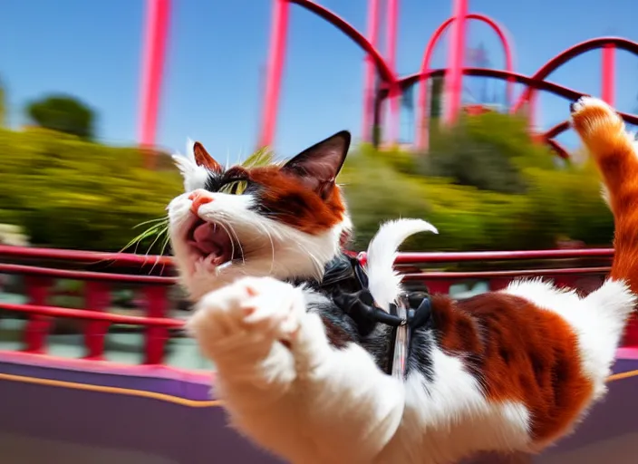 Prompt: film still of a calico cat riding a roller coaster in disneyland, 8 k