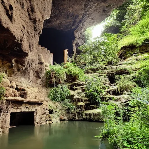 Prompt: ancient temple,plants and waterfalls in the interior of a cave