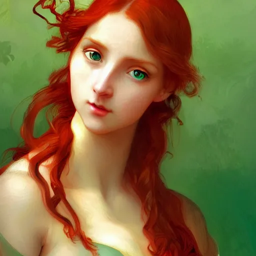 Image similar to a beautiful stunning fantasy whimsical matte digital portrait illustration of a pretty womam with bright green eyes and fiery red hair with a green bird on her shoulder, in the style of William Adolphe-Bouguereau and Marc Simonetti, magic the gathering, trending on artstation, contest winner