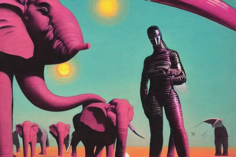 Image similar to 1979 OMNI Magazine Cover of a pink elephant. in cyberpunk style by Vincent Di Fate