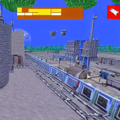 Prompt: 1990s ps1 game screenshot, orbit soviet city,