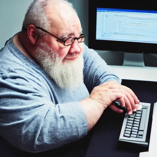 Image similar to a fat old man with a white beard typing on a mechanical keyboard in front of a computer, detailed,