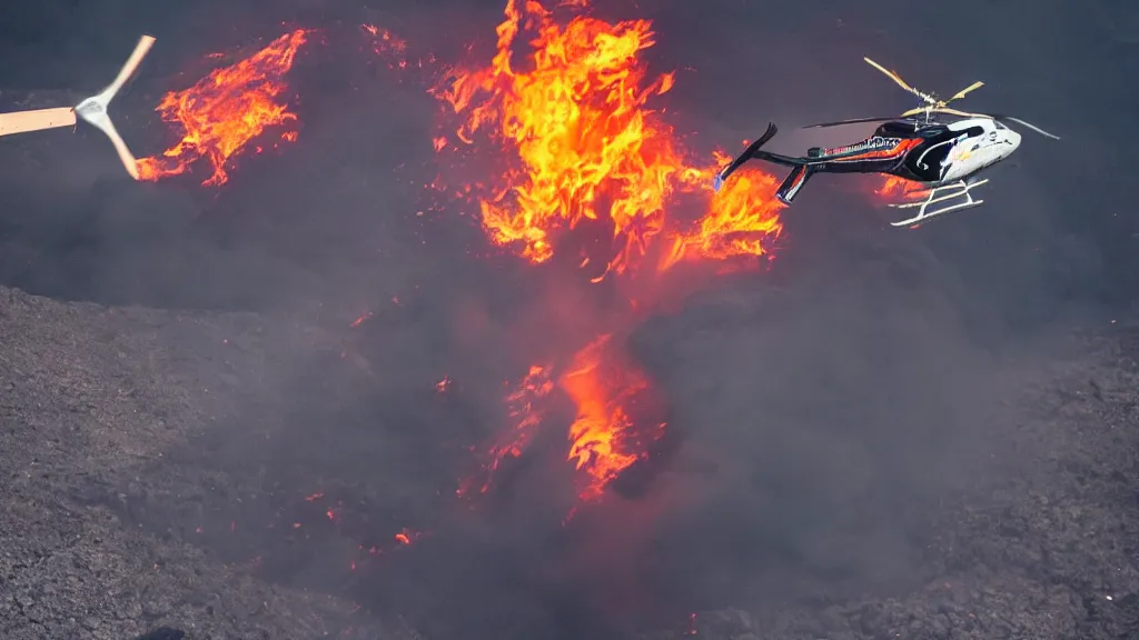 Image similar to person wearing a sponsored team jersey with logos jumping out of a helicopter with a surfboard into a volcano, action shot, dystopian, thick black smoke and fire, sharp focus