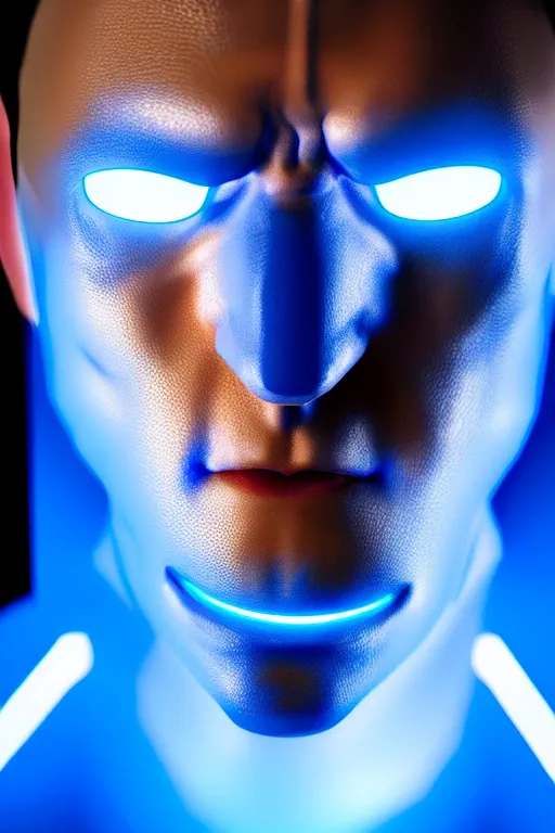 Image similar to hyperrealistic close-up blue glow exoskeleton!! chinese man covered highly detailed concept art eric zener elson peter cinematic side soft yellow light low angle hd 8k sharp shallow depth of field