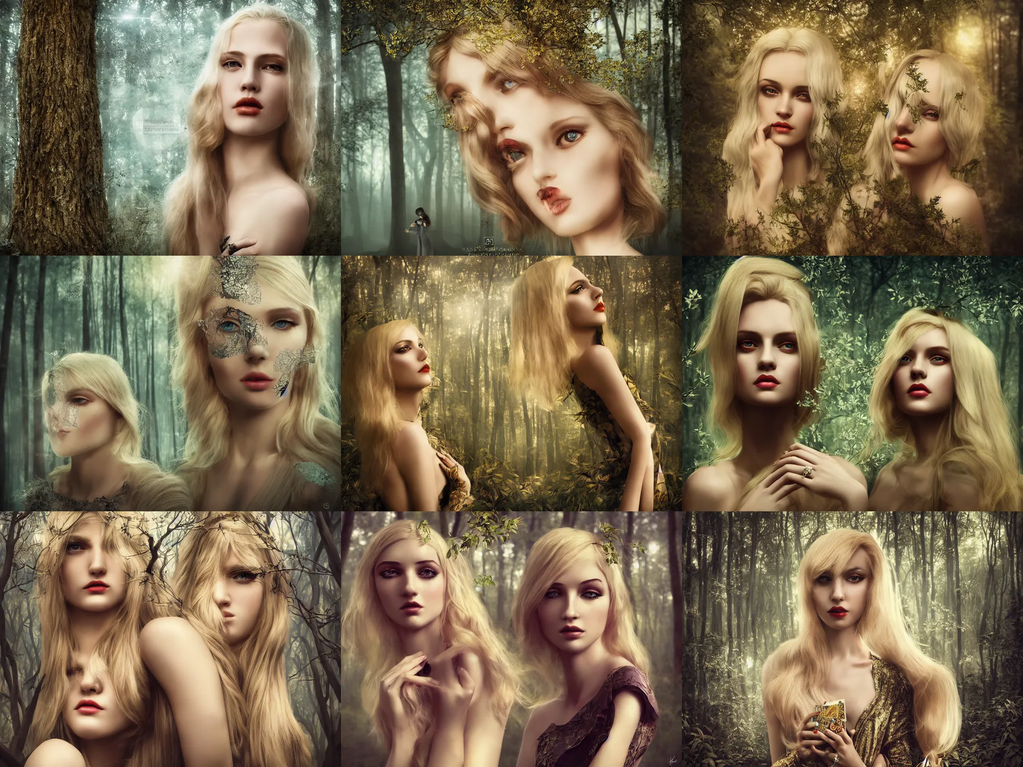 Prompt: innovative avant - garde art, deco fashion, beautiful blonde girl, highly detailed, photorealistic portrait, serene forest setting, crisp quality and light reflections, octane render, tarot card with ornate border frame, confident, moody, dramatic