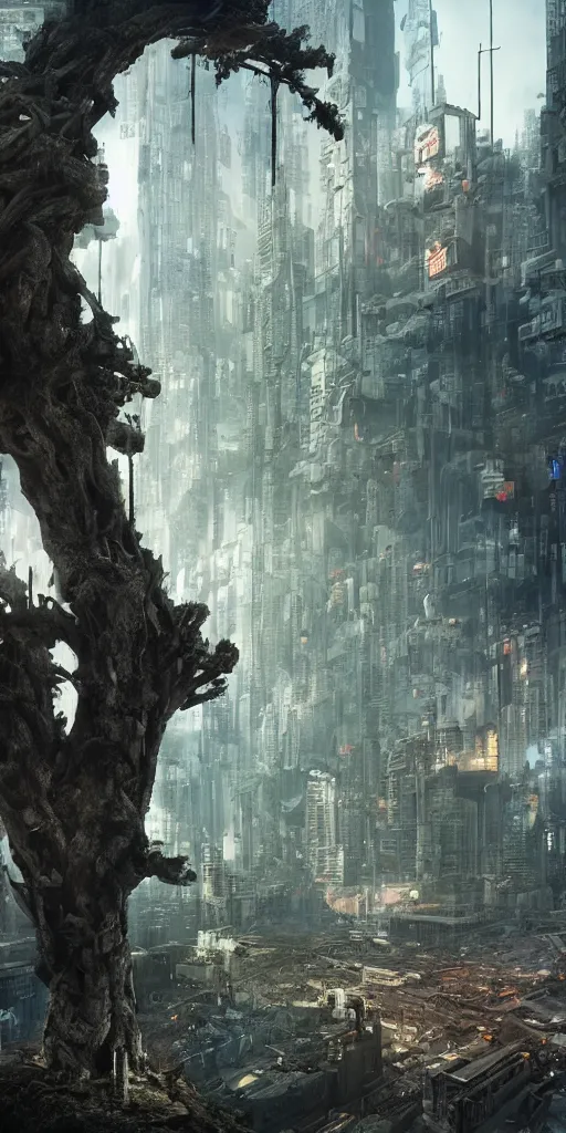 Prompt: an ancient tree destroying a dystopian city, cyberpunk, sharp focus, dynamic lights, still, photograph, hyper realistic, masterpiece, octane render, rendered, 3 d, cinematic, cinematic lighting, dramatic lighting, highly detailed, intricate details, texture, cinematic composition, wide shot, by donglu yu and kevin jick and eddie del rio