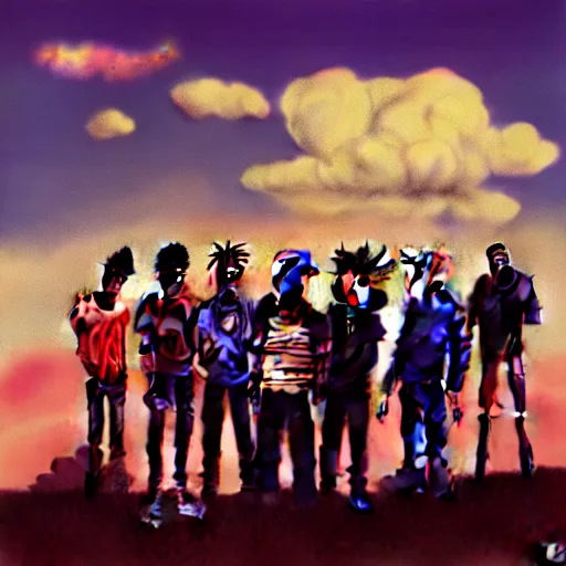 Prompt: gorillaz and tyler, the creator, 8 k concept art, golden hour, vintage, cloudy, dreamy, extremely detailed, by damon albarn, mixed media