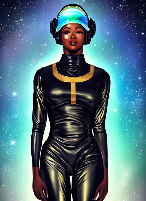 Image similar to beautiful black woman in an advanced spacesuit in front of exploding nebulae halos, digital illustration trending on artstation by artgerm and rutkowski