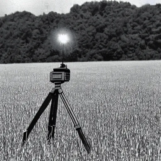 Image similar to wide view of an alien tripod walking in a field, aiming its laser at nearby peasants, 90s VHS TV still