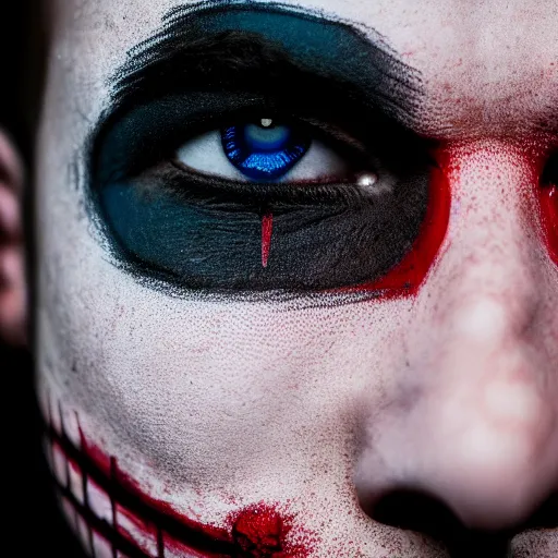 Prompt: a close up of a man with calavera makeup on and glowing eyes, dark background with the moon visible, harsh dramatic lighting