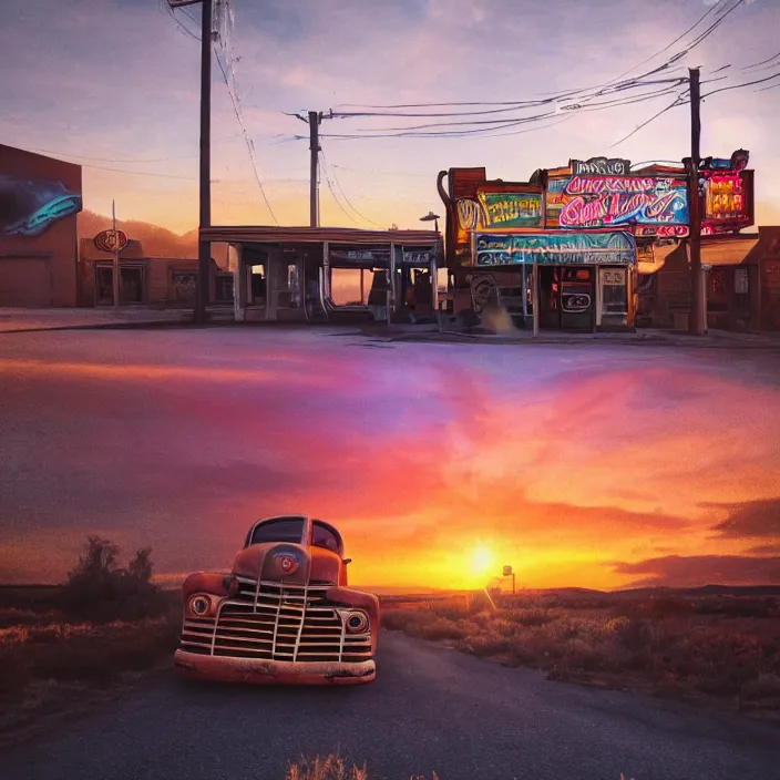 Image similar to a sunset light landscape with historical route 6 6, lots of sparkling details and sun ray ’ s, blinding backlight, smoke, volumetric lighting, colorful, octane, 3 5 mm, abandoned gas station, old rusty pickup - truck, beautiful epic colored reflections, very colorful heavenly, softlight