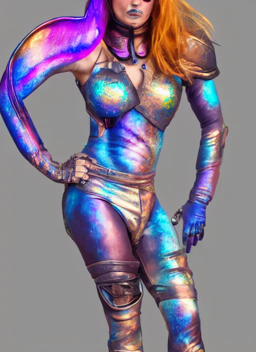 Prompt: iridescent bodypaint on a swashbuckling space pirate, she is wearing a futuristic space bounty hunter clothes, digital art