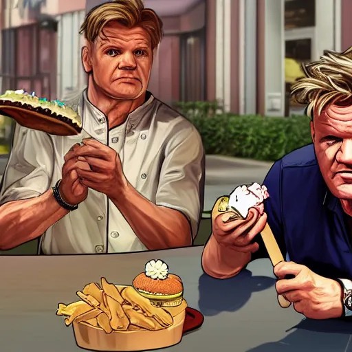 Image similar to GTA cover art of Gordon Ramsay eating an ice cream burger