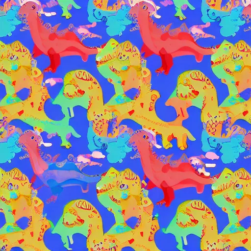 Prompt: a colourful dinosaur pattern in the style of murakami