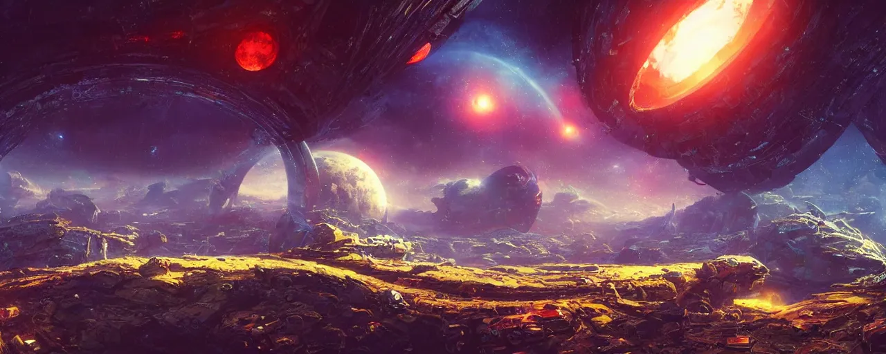 Image similar to ” planetary portal abandoned over open sky, [ art by paul lehr, cinematic, detailed, epic, widescreen, opening, establishing, mattepainting, photorealistic, realistic textures, octane render ] ”