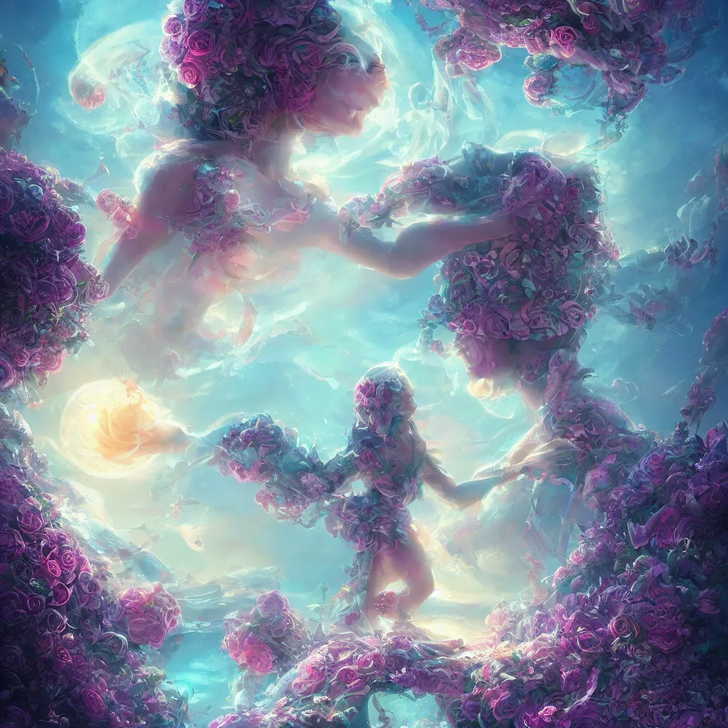 Image similar to concept art, a goddess of world full of life divine thrill of the biological tranquil sky, atoms floating, cosmic horror, gothic harts, flowers, artwork by beeple and lisa frank fantasy, intricate, elegant, highly detailed, digital painting, artstation, concept art, art by artgerm and greg rutkowski