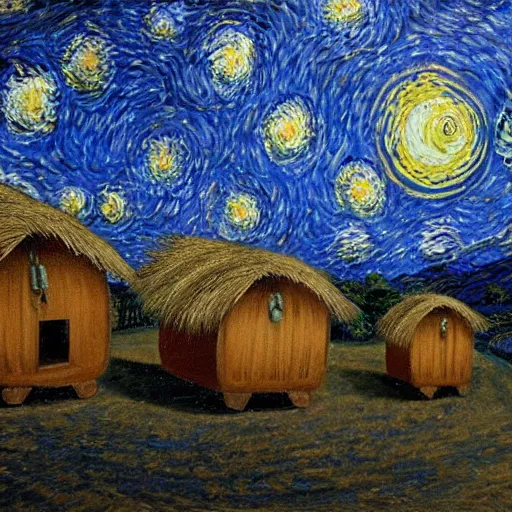 Prompt: Painting by Greg Rudkowski, A large ceramic jar with gold ornaments flies high in the starry night sky above small huts under thatched roofs