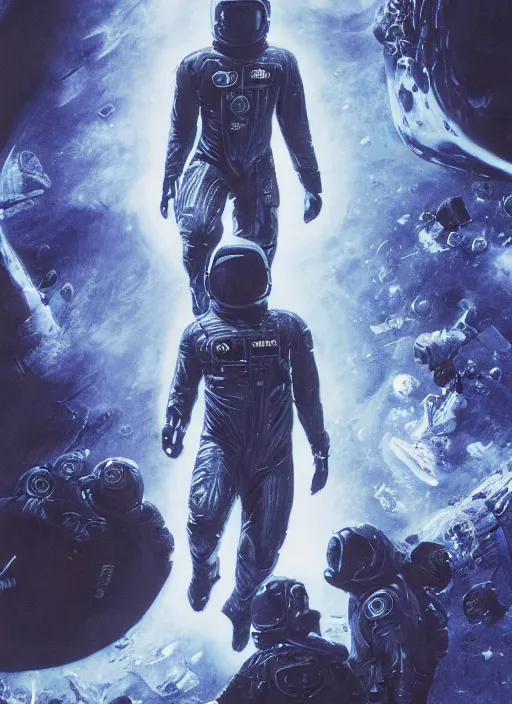 Prompt: astronauts in dark void underwater - complex and hyperdetailed technical suit. reflection and dispersion materials. rays and dispersion of light. volumetric light. f / 3 2. noise film photo. flash photography. ultra realistic, wide angle. poster by wayne barlowe, hajime sorayama aaron horkey, craig mullins