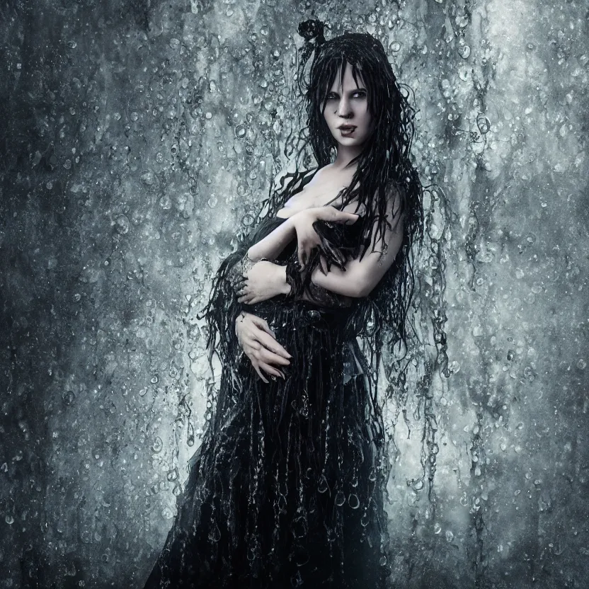 Image similar to A portrait of a Gothic goddess of water jewels in an empty land, dark and mysterious, lively atmospheric, cinematic, 8k, 4k, ultra detail, ultra-realistic, rendered by DeviantArt