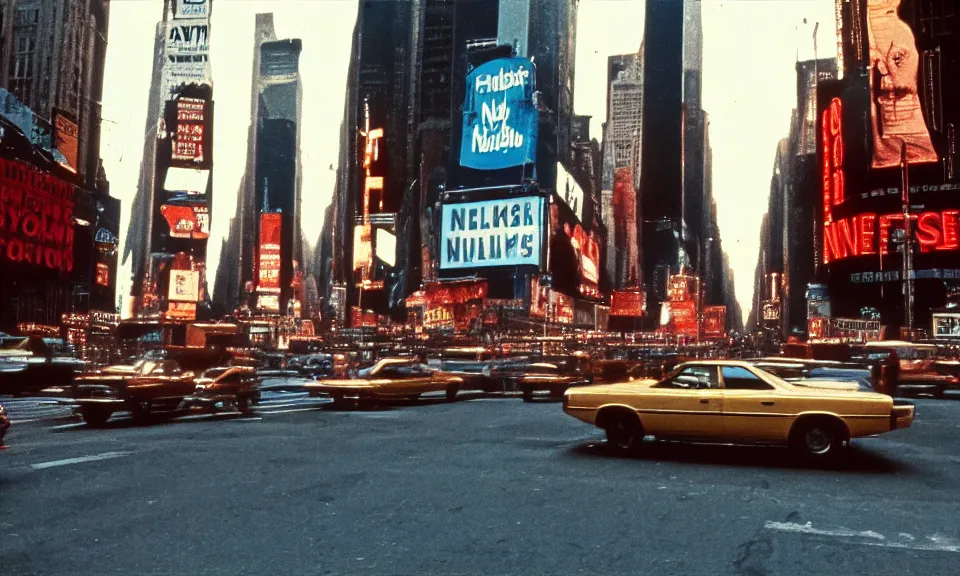 Image similar to A film still from a 1970s movie, new york city, times square, Realism, 4k, 8mm, Grainy, Panavision