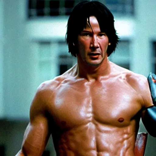 Prompt: a movie still of keanu reeves in rocky 4,