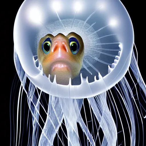 Prompt: a award winning photo of a fish trapped inside a jellyfish, by national geografic, photorealism