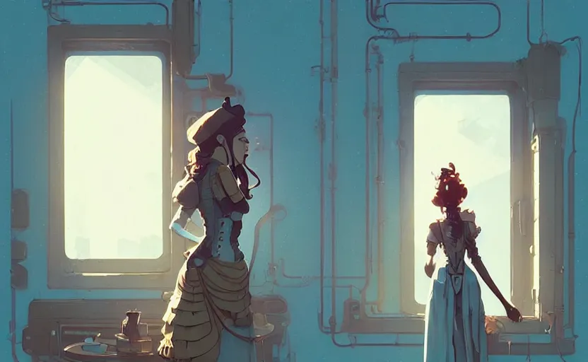 Image similar to female steampunk princess standing near the window by atey ghailan, by greg rutkowski, by simon stalenhag, by greg tocchini, by james gilleard, by joe fenton, by kaethe butcher dynamic lighting, gradient light blue, brown, blonde cream and white color scheme, grunge aesthetic