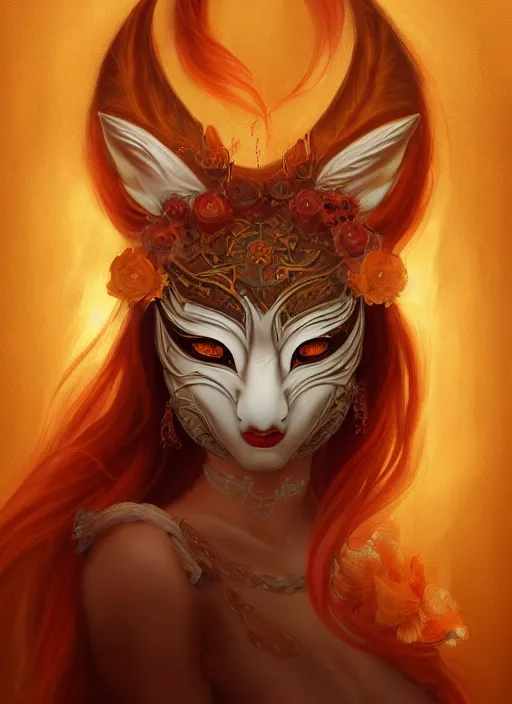 Image similar to a beautiful detailed oil on copper art illustration of a japanese kitsune mask woman, centered, by charlie bowater, zeng fanzh, trending on artstation, dim dusk lighting, cinematic lighting, detailed lighting, volumetric lighting, realistic, f 8, 4 k hd wallpaper